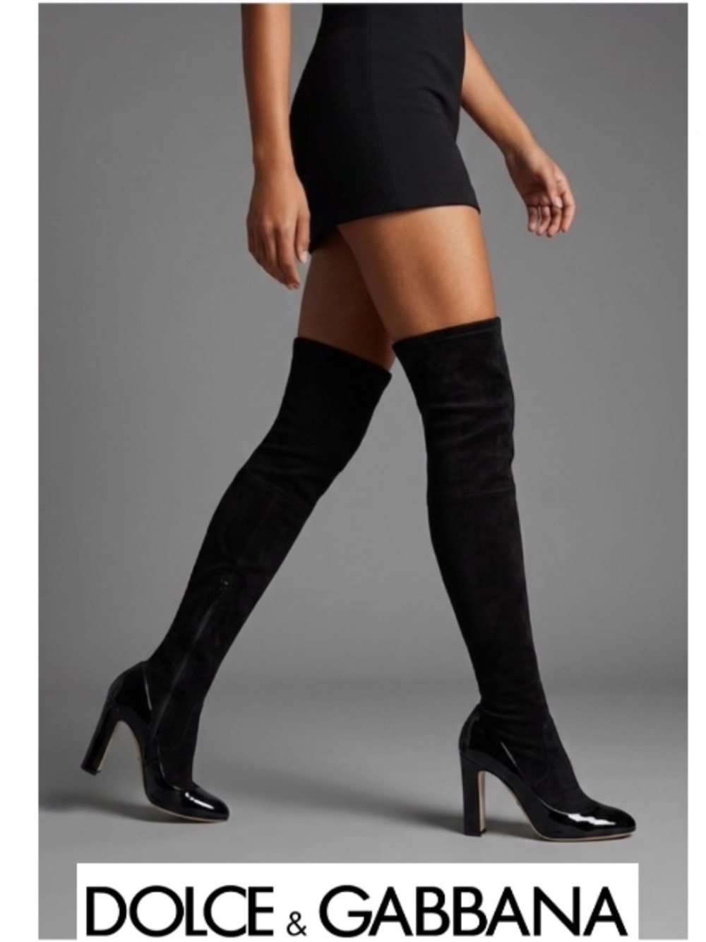 DOLCE & GABBANA Round Toe Pump Insert Over The Knee Suede Sock Boots Black Sz 36